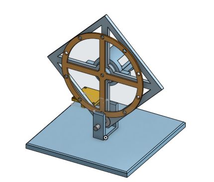 Onshape CAD · reaction wheel, support frame, and base