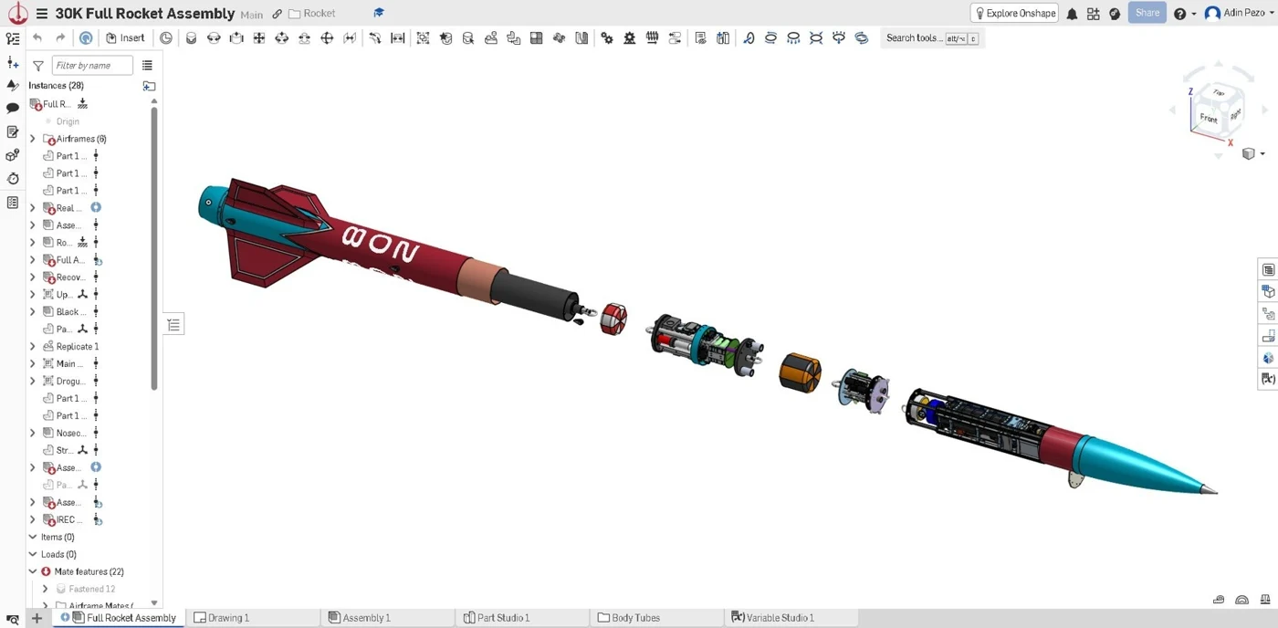Exploded CAD view of the team's two-stage rocket assembly